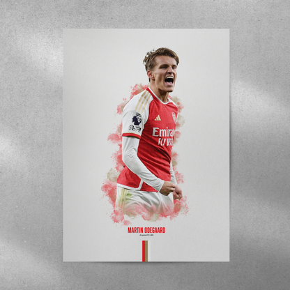 poster mockup of soccer player martin odegaard on a grey wall