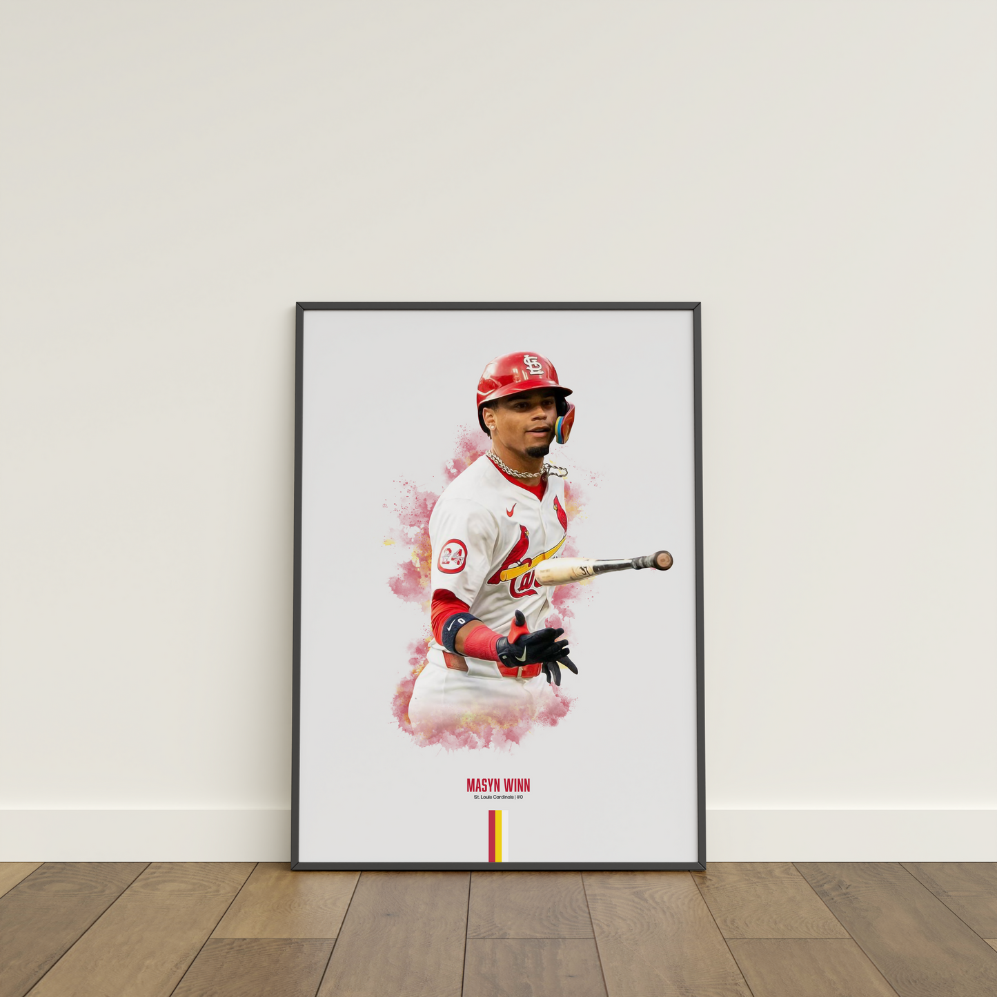 framed poster mockup of baseball player masyn winn leaning on a white wall