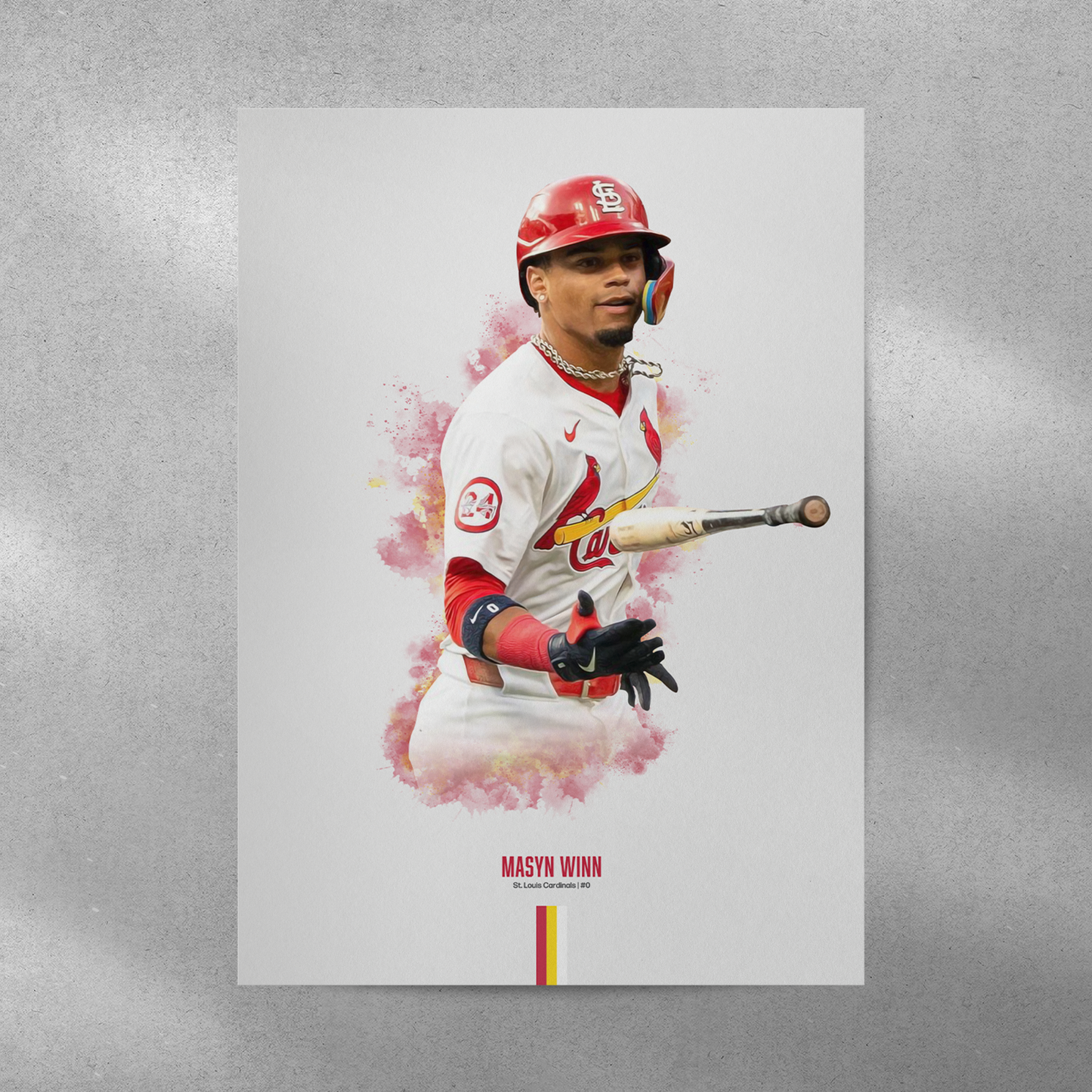 poster mockup of baseball player masyn winn on a grey wall