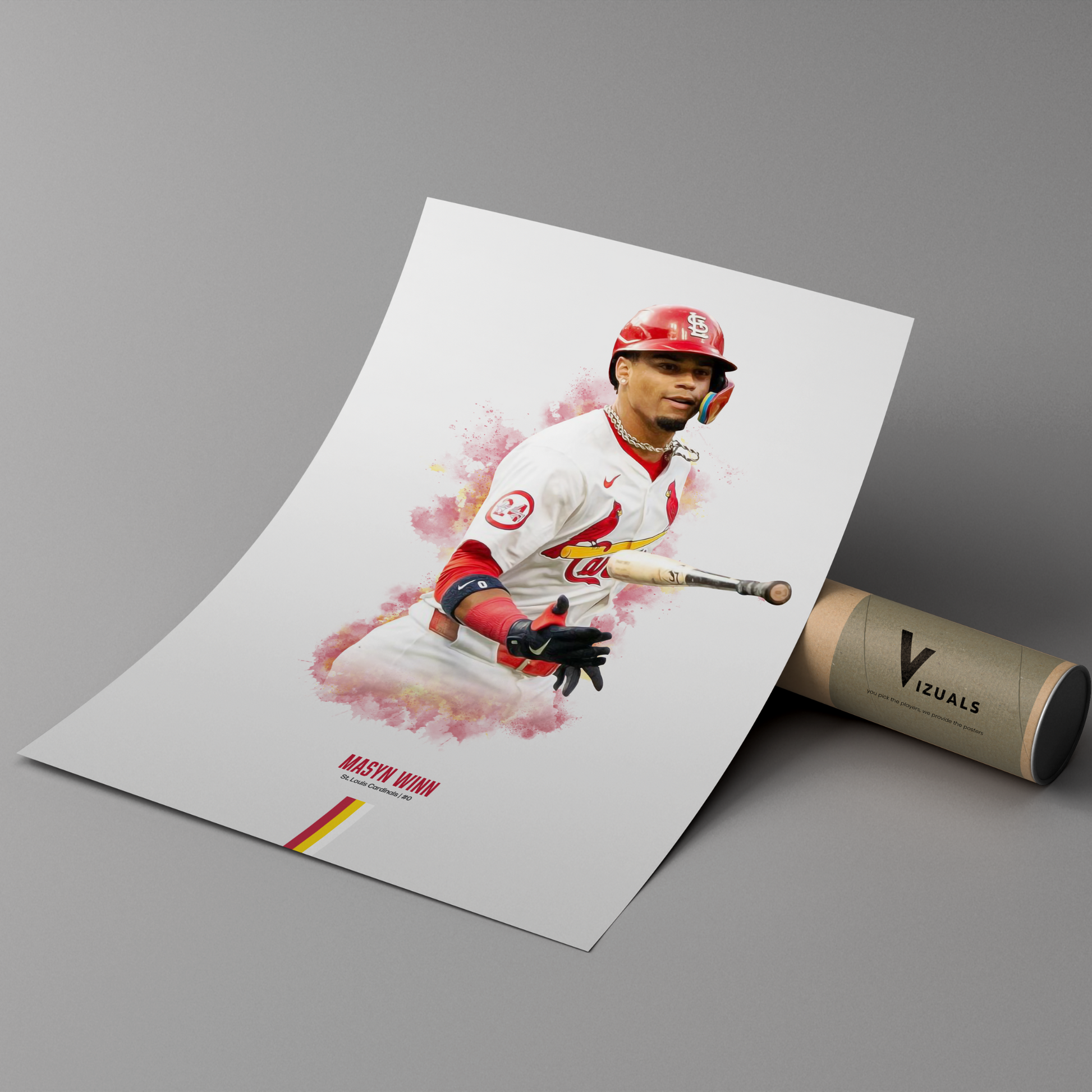 poster mockup of baseball player masyn winn leaning on a cardboard tube