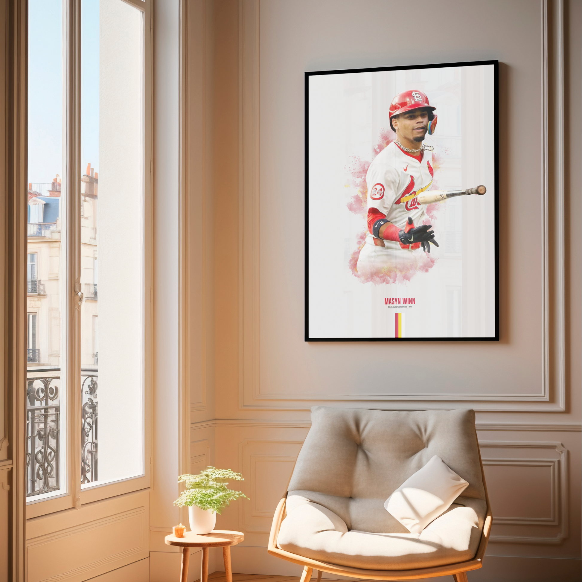 framed poster mockup of baseball player masyn winn hanging in a living room