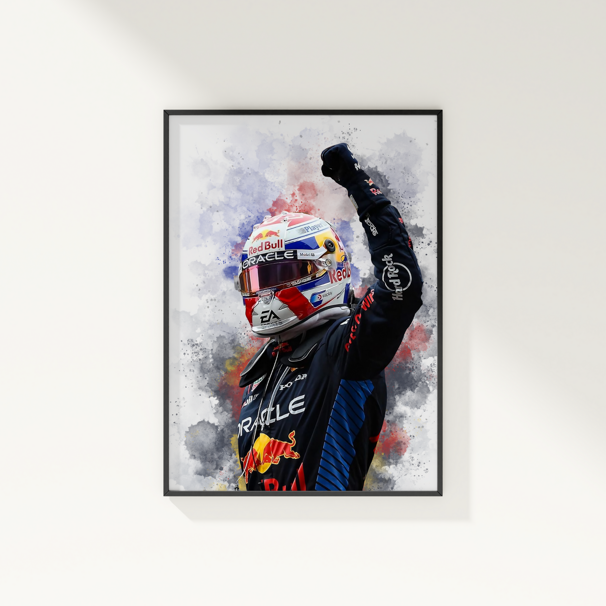 framed poster mockup hanging on a white wall. poster of formula 1 driver max verstappen celebrating for red bull.
