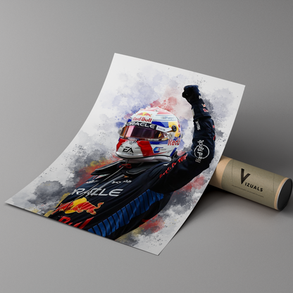 poster mockup leaning on a branded cardboard tube. poster of formula 1 driver max verstappen celebrating for red bull.