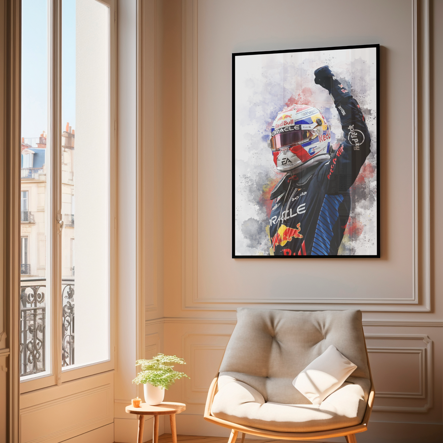 framed poster mockup hanging in a living room. poster of formula 1 driver max verstappen celebrating for red bull.