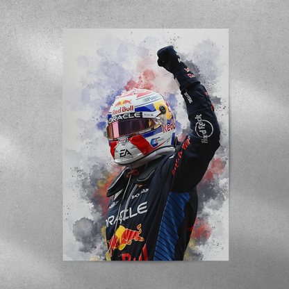 poster mockup on a grey wall. poster of formula 1 driver max verstappen celebrating for red bull.