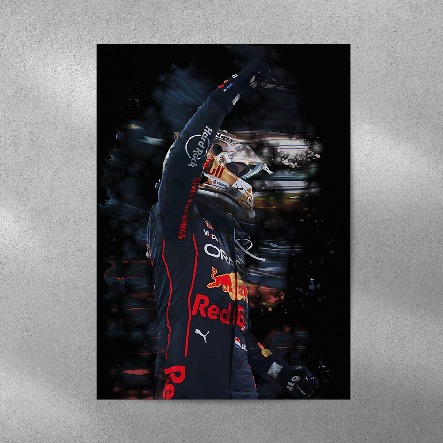 poster mockup of formula 1 driver max verstappen on a grey wall