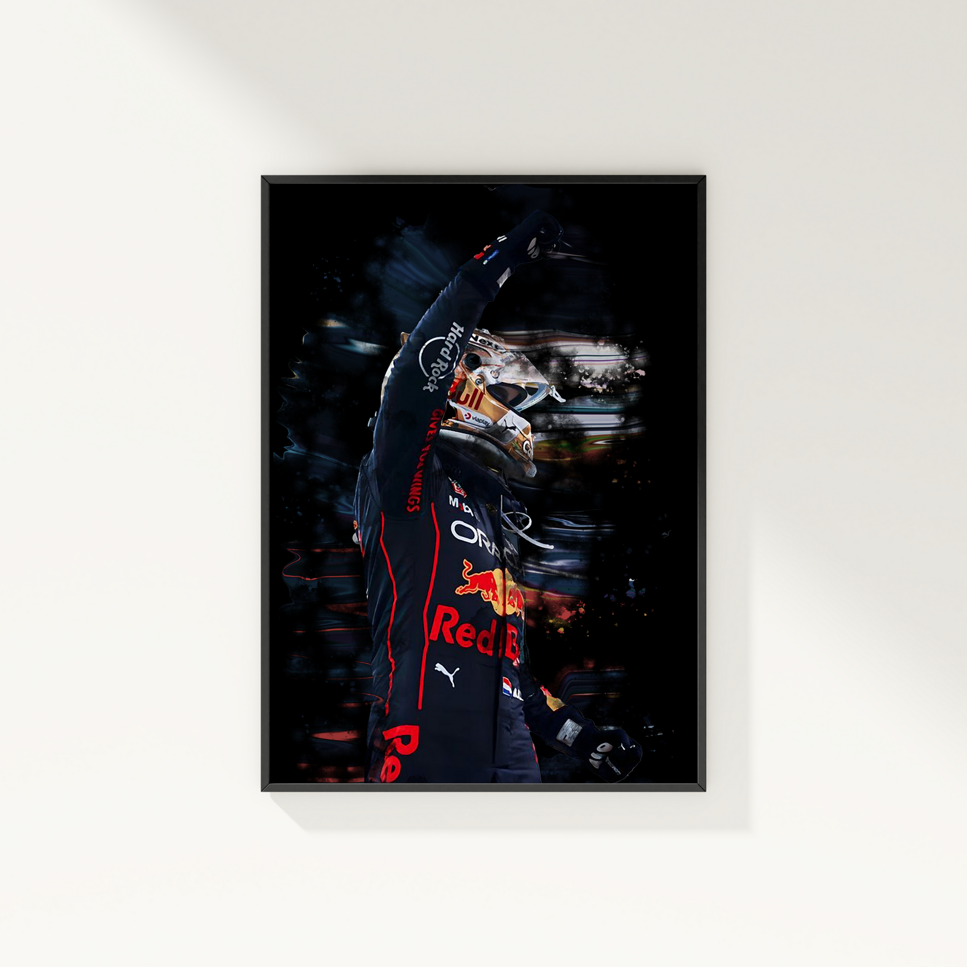 framed poster mockup of formula 1 driver max verstappen hanging on a white wall