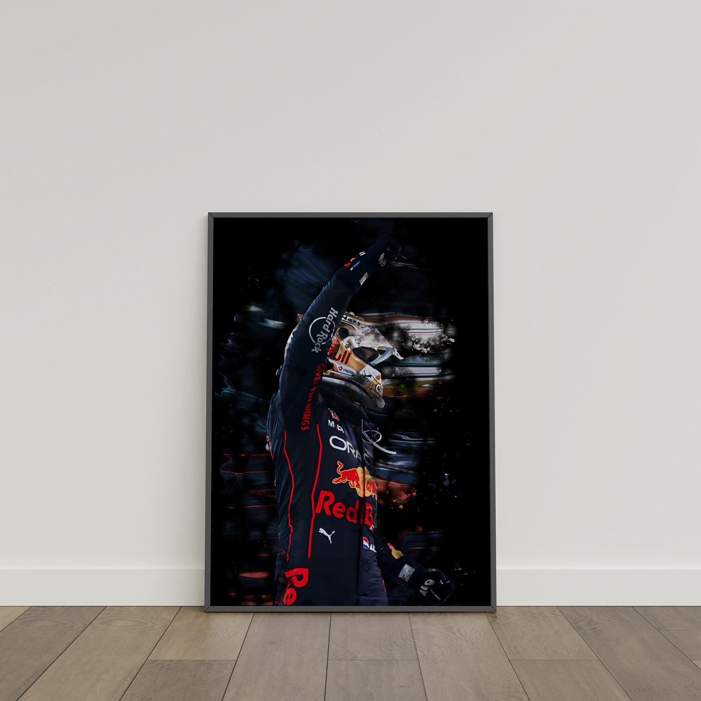 framed poster mockup of formula 1 driver max verstappen leaning on a white wall