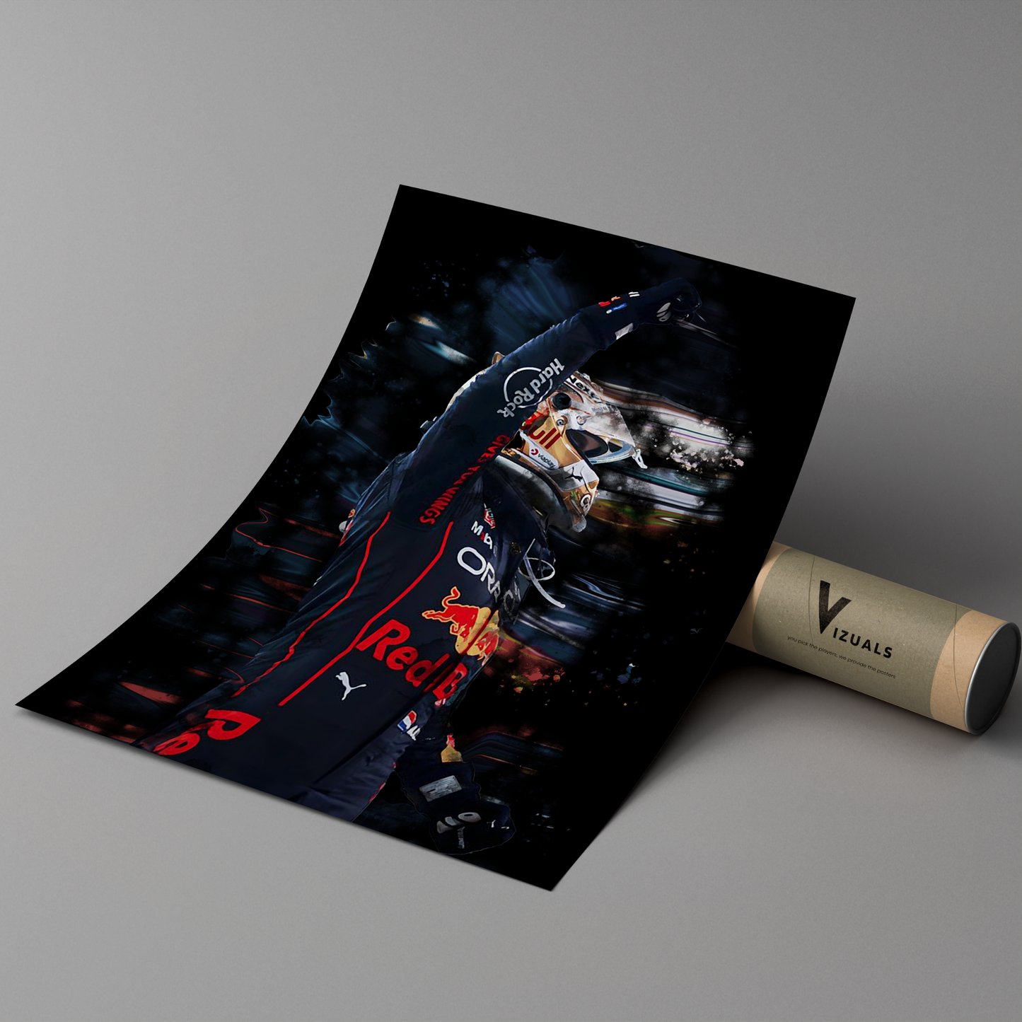 poster mockup of formula 1 driver max verstappen leaning on a cardboard tube