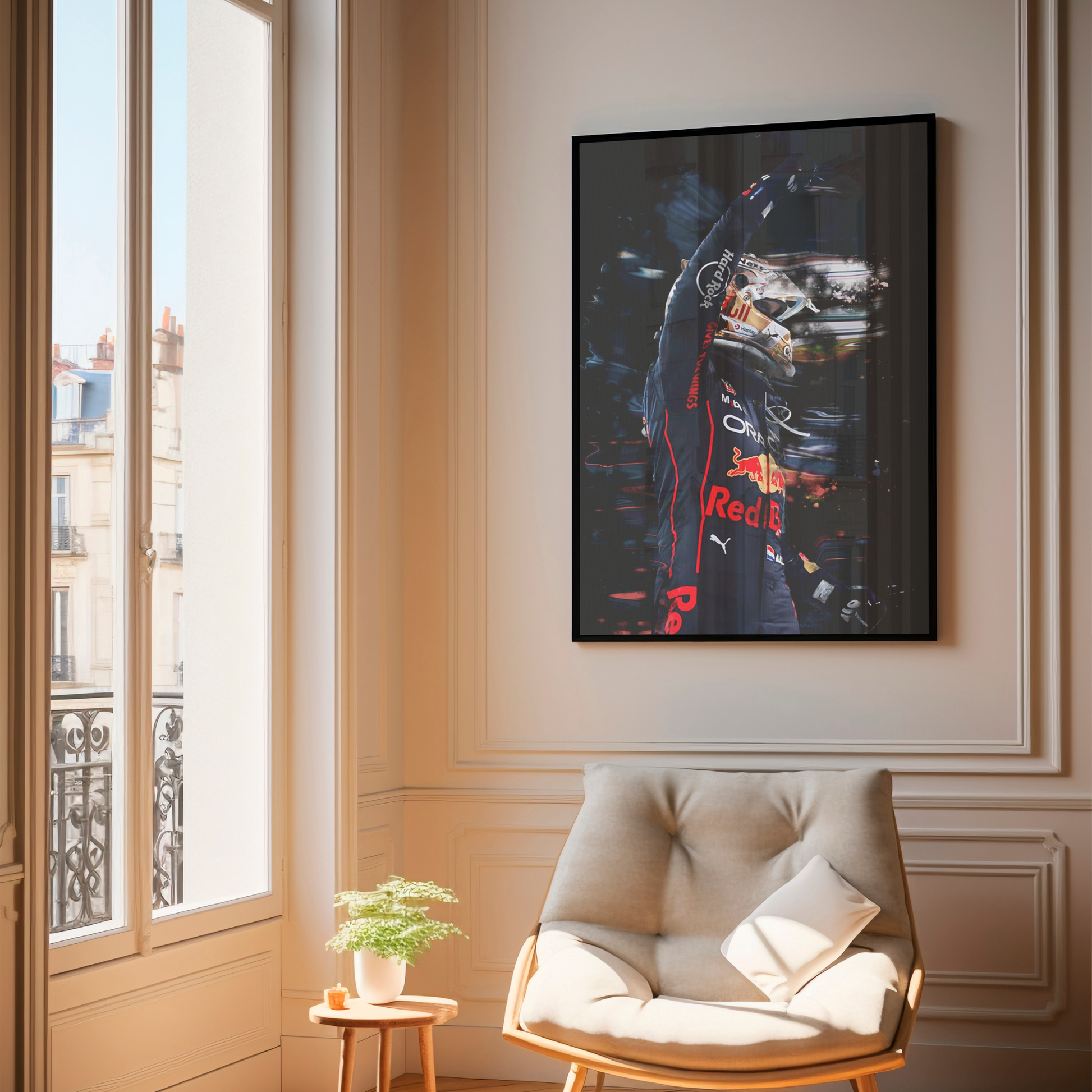 framed poster mockup of formula 1 driver max verstappen hanging in a living room