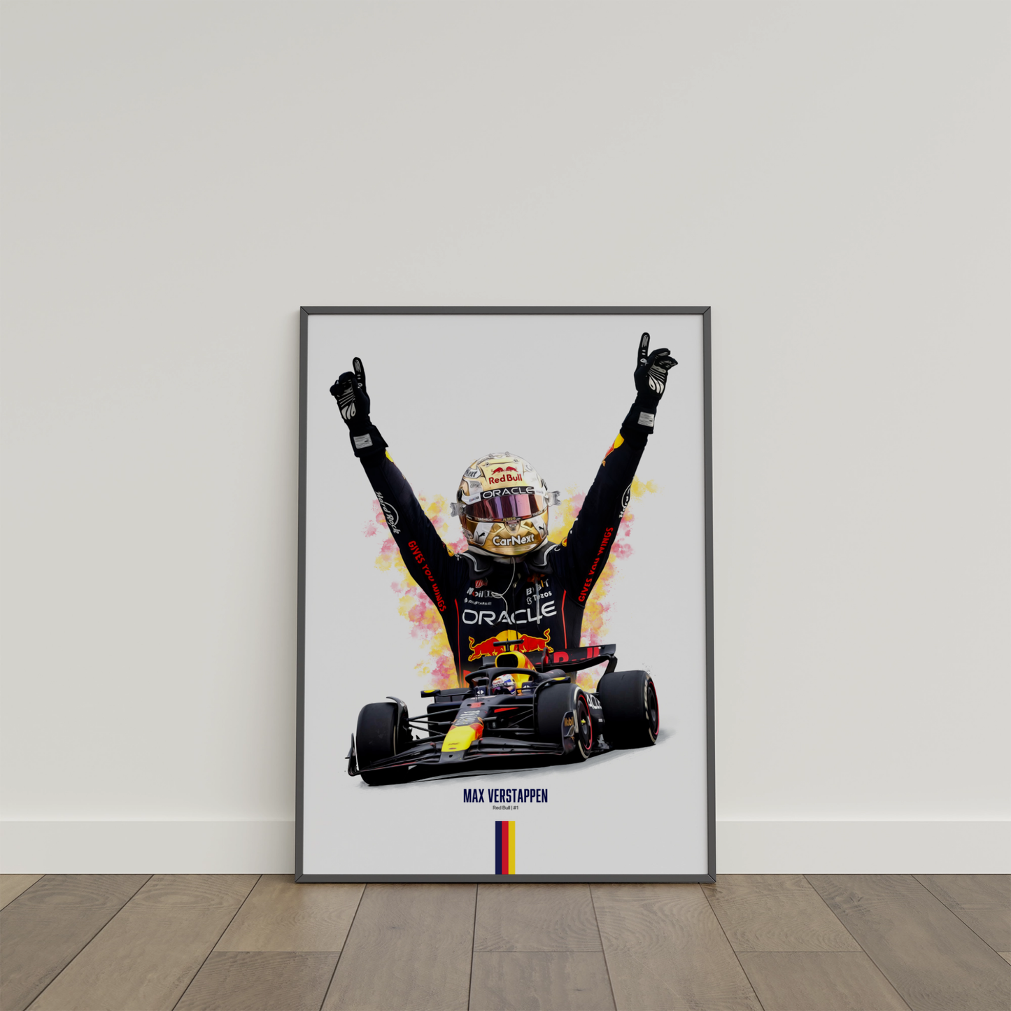 framed poster mockup of formula 1 driver max verstappen leaning on a white wall