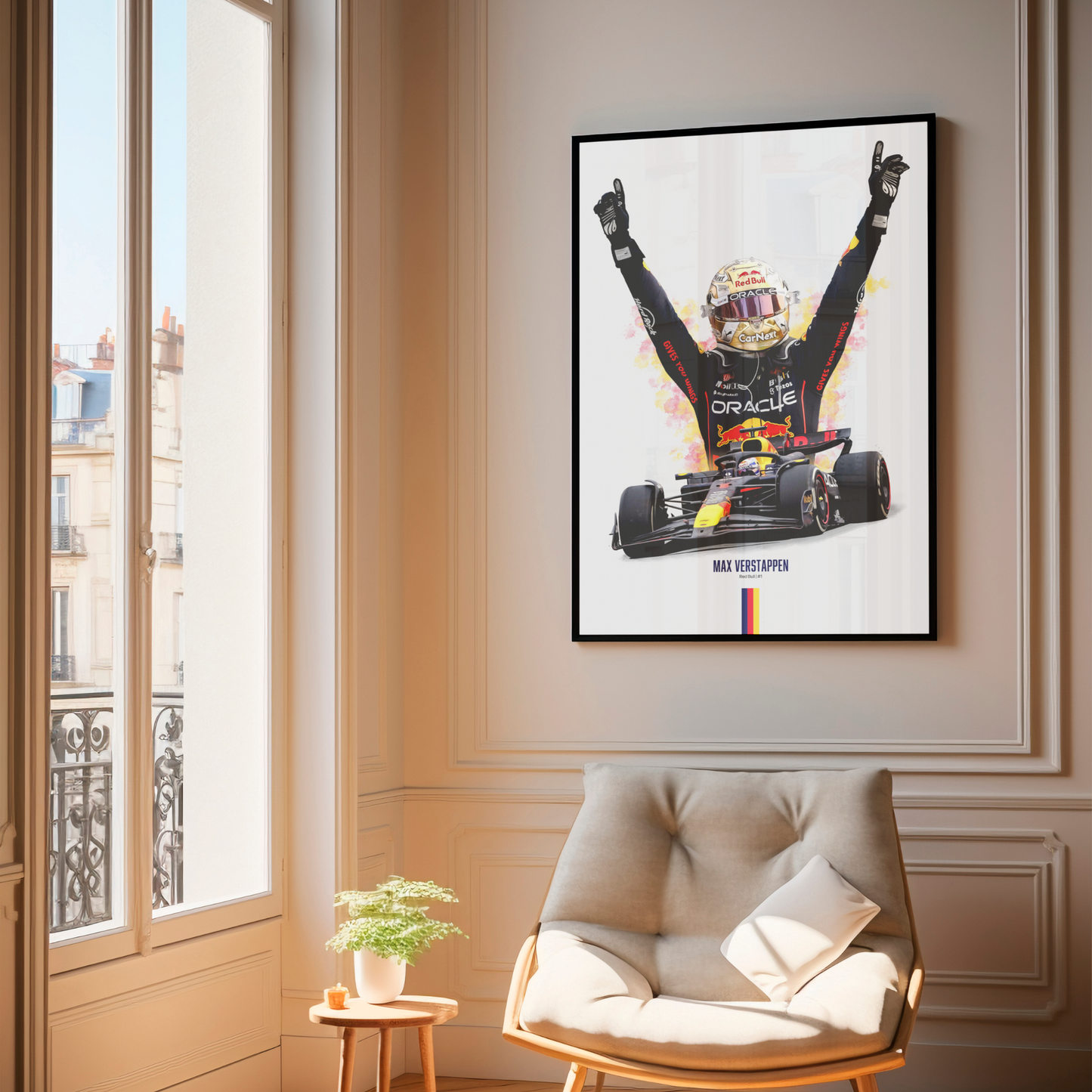 framed poster mockup of formula 1 driver max verstappen hanging in a living room