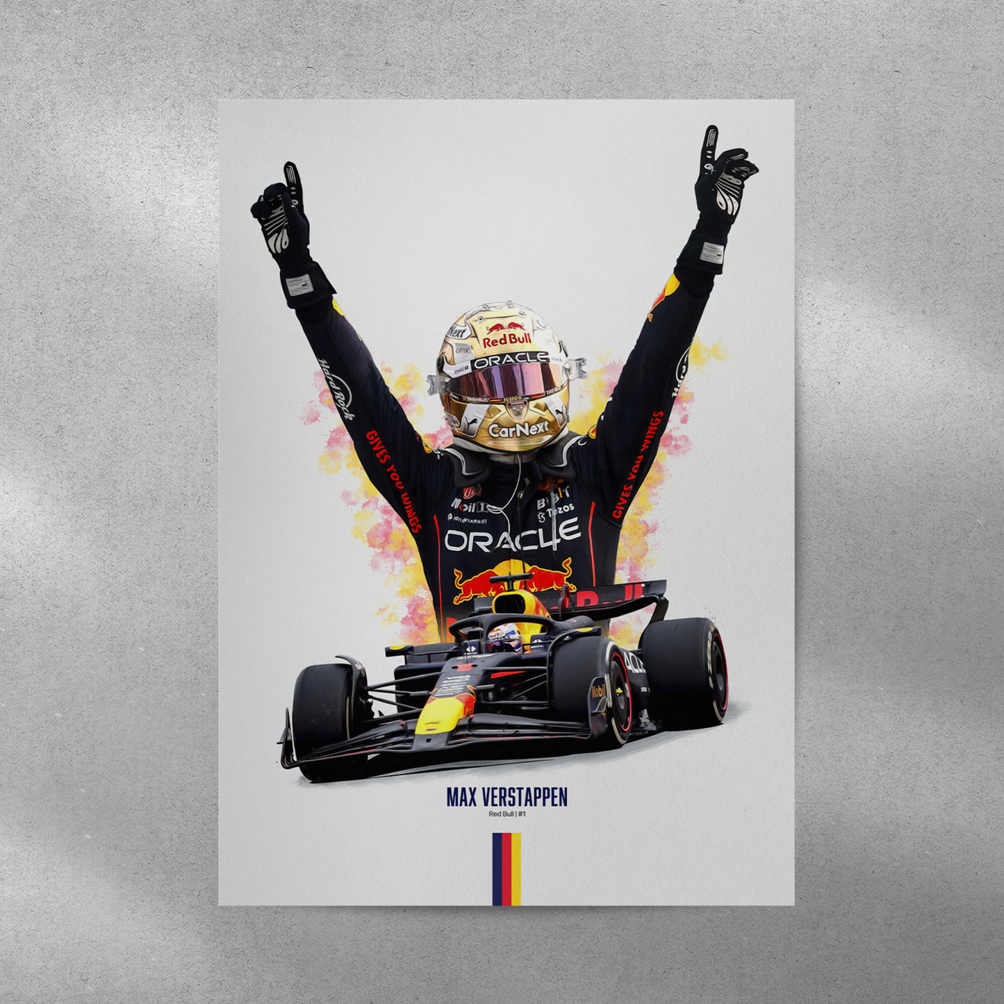 poster mockup of formula 1 driver max verstappen on a grey wall