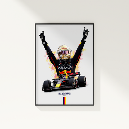 framed poster mockup of formula 1 driver max verstappen hanging on a white wall