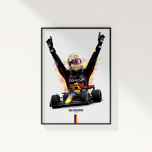 framed poster mockup of formula 1 driver max verstappen hanging on a white wall