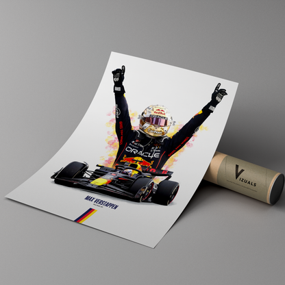 poster mockup of formula 1 driver max verstappen leaning on a cardboard tube