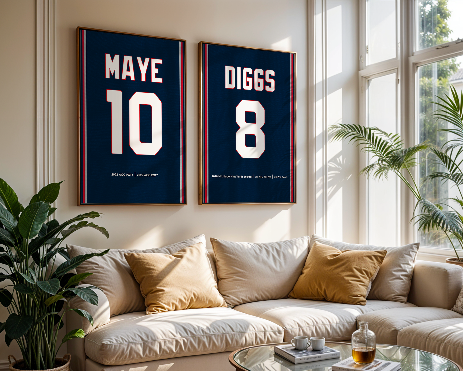 Living room with framed sports jerseys on the wall above a sofa.