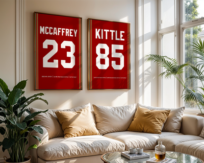 Living room with sports-themed wall art featuring names and numbers