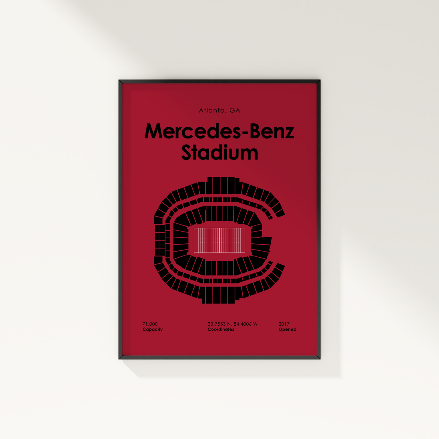 Framed poster of Mercedes-Benz Stadium with red background and black text