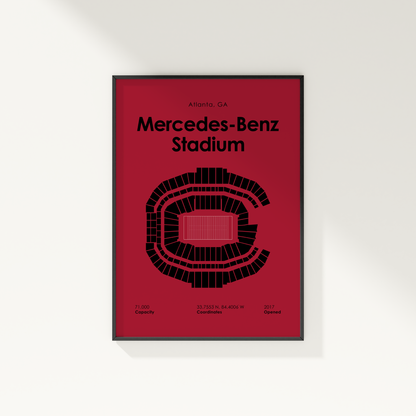Framed poster of Mercedes-Benz Stadium with red background and black text