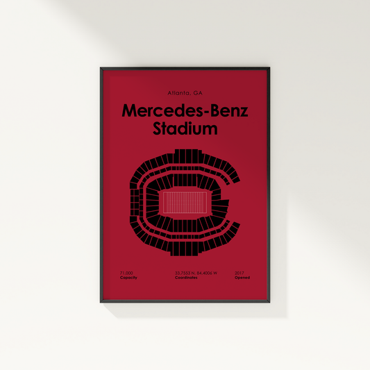 Framed poster of Mercedes-Benz Stadium with red background and black text