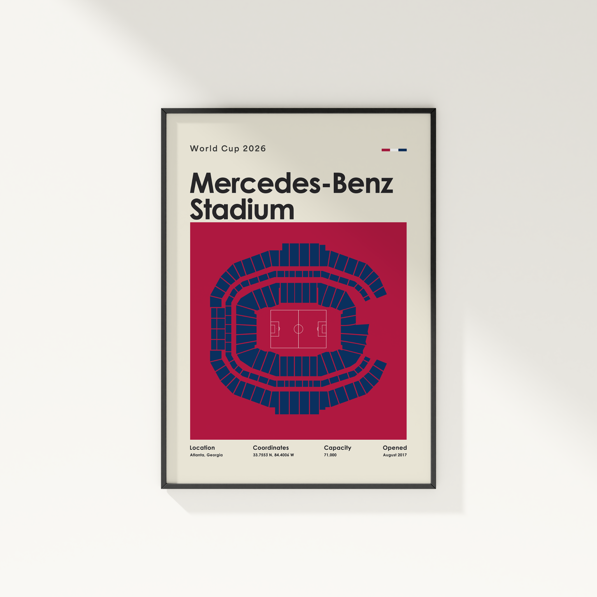 Framed poster of Mercedes-Benz Stadium for World Cup 2026 on a white wall.