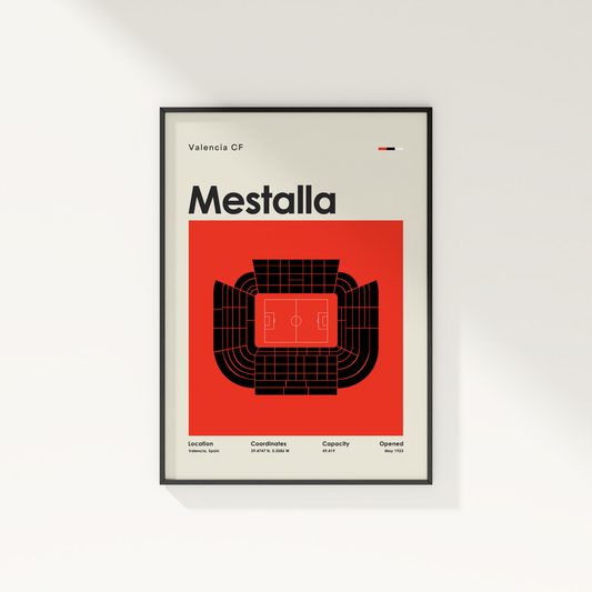 Framed poster of Valencia CF Mestalla stadium design on a white wall.