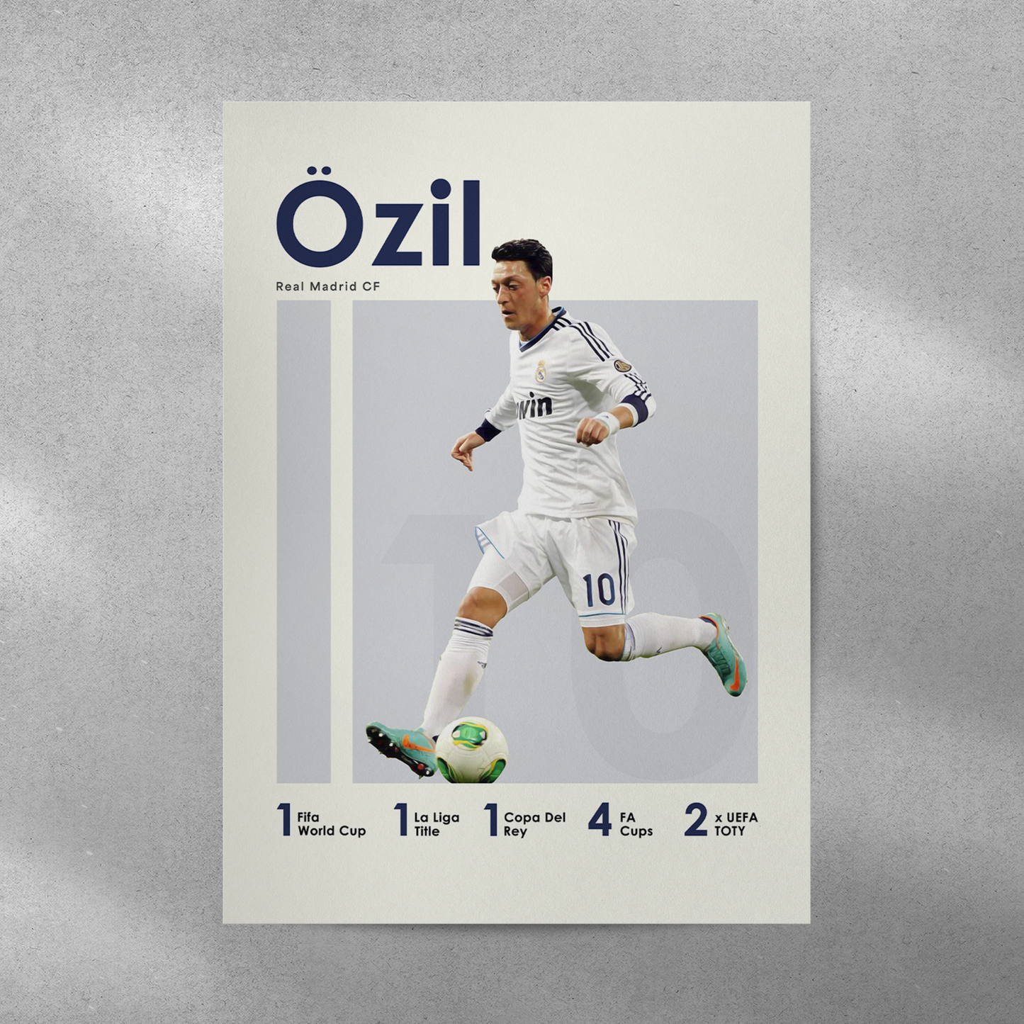 poster mockup of football player mesut ozil on a grey wall