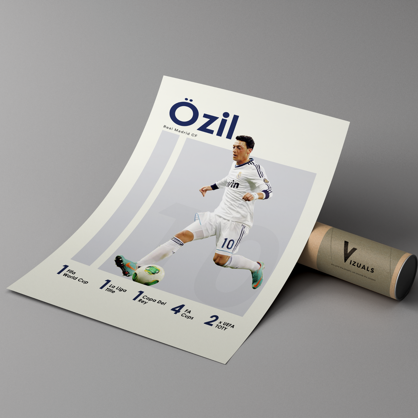 poster mockup of football player mesut ozil leaning on a cardboard tube