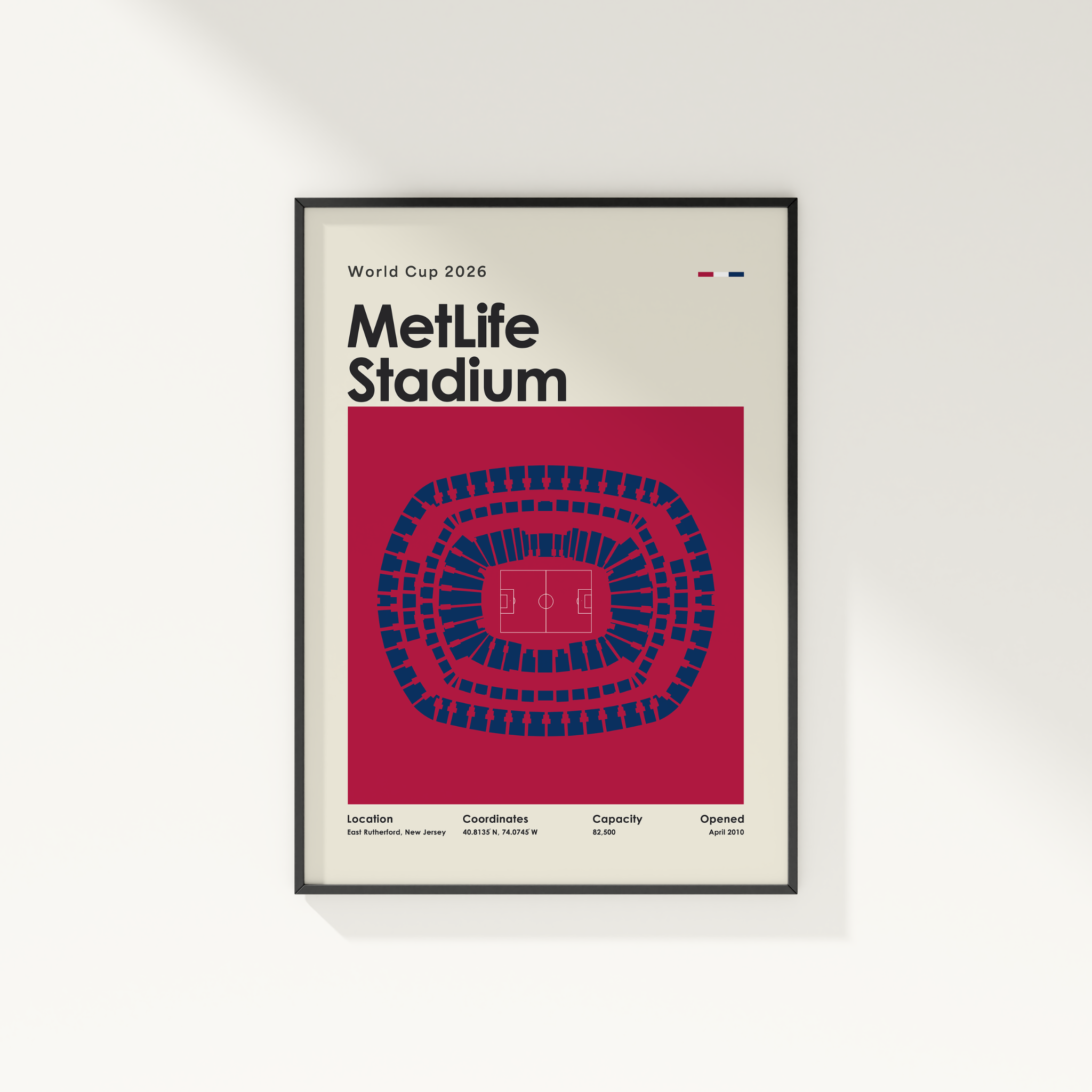 Framed poster of MetLife Stadium for World Cup 2026 on a white wall.