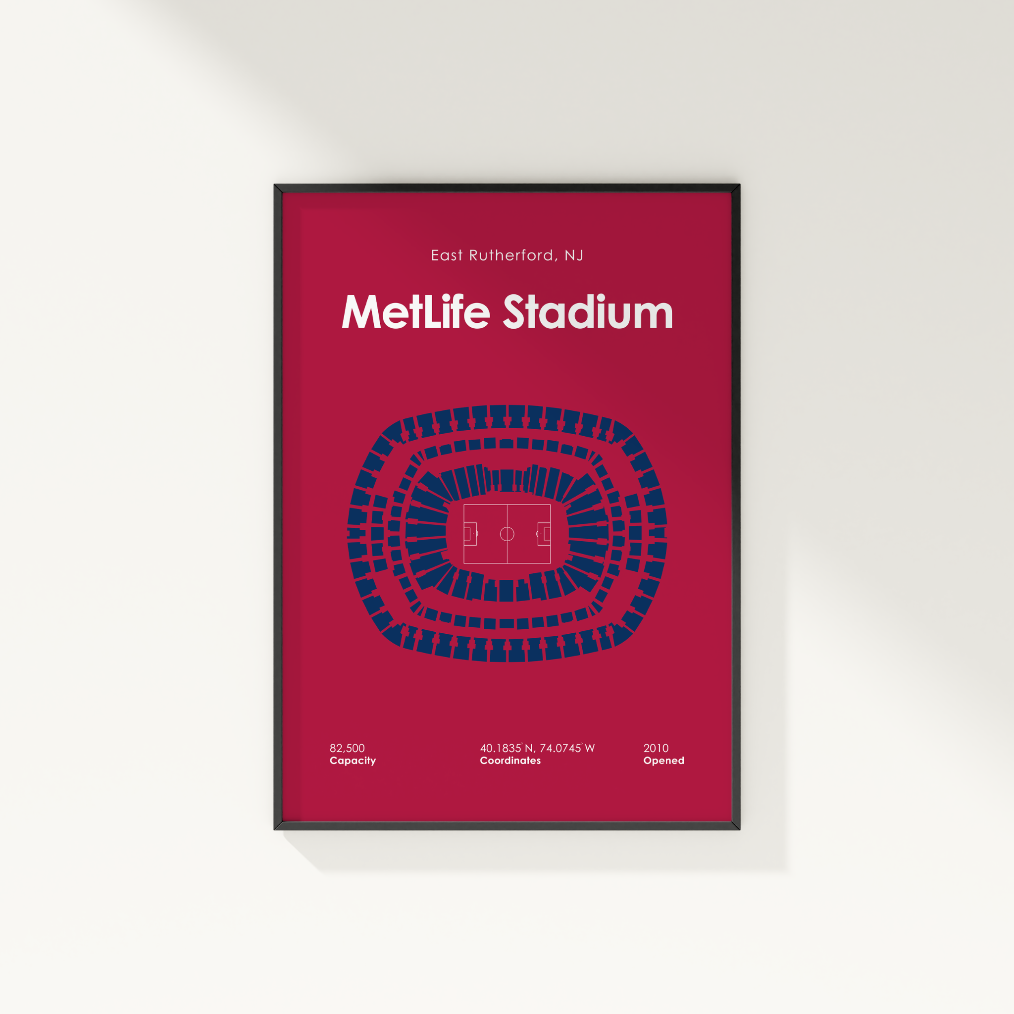 Framed poster of MetLife Stadium layout on a red background