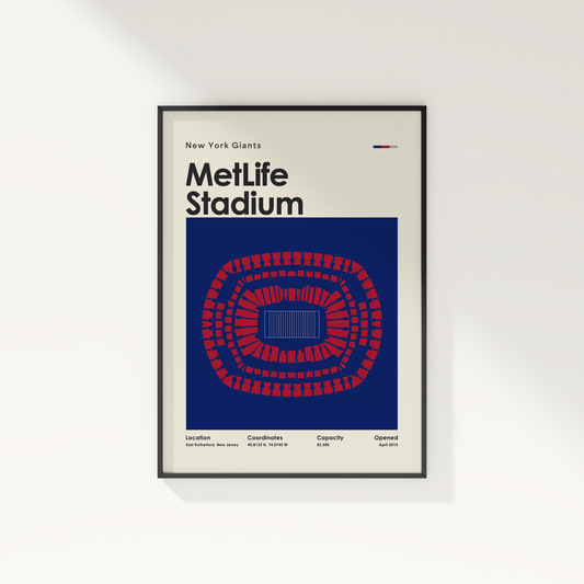 Framed poster of MetLife Stadium with New York Giants branding on a white wall.