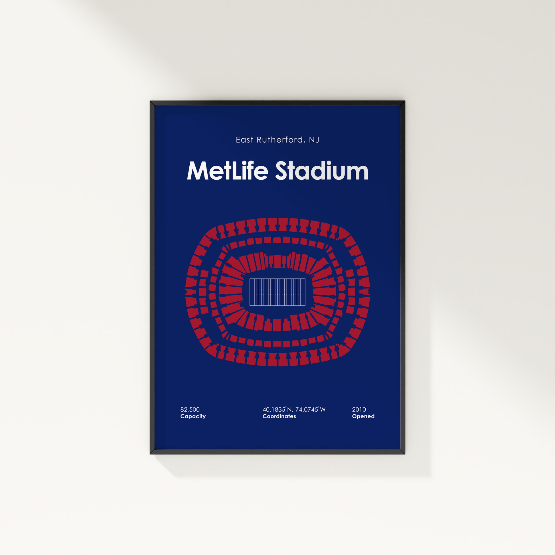 Framed poster of MetLife Stadium with seating diagram on a blue background