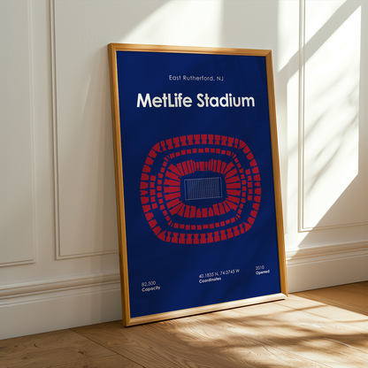 Framed poster of MetLife Stadium on a wall with sunlight casting shadows.