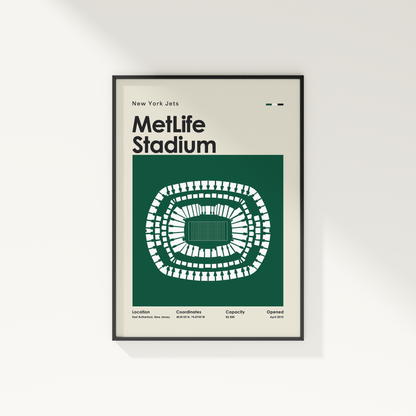 Framed poster of MetLife Stadium with New York Jets text on a white background