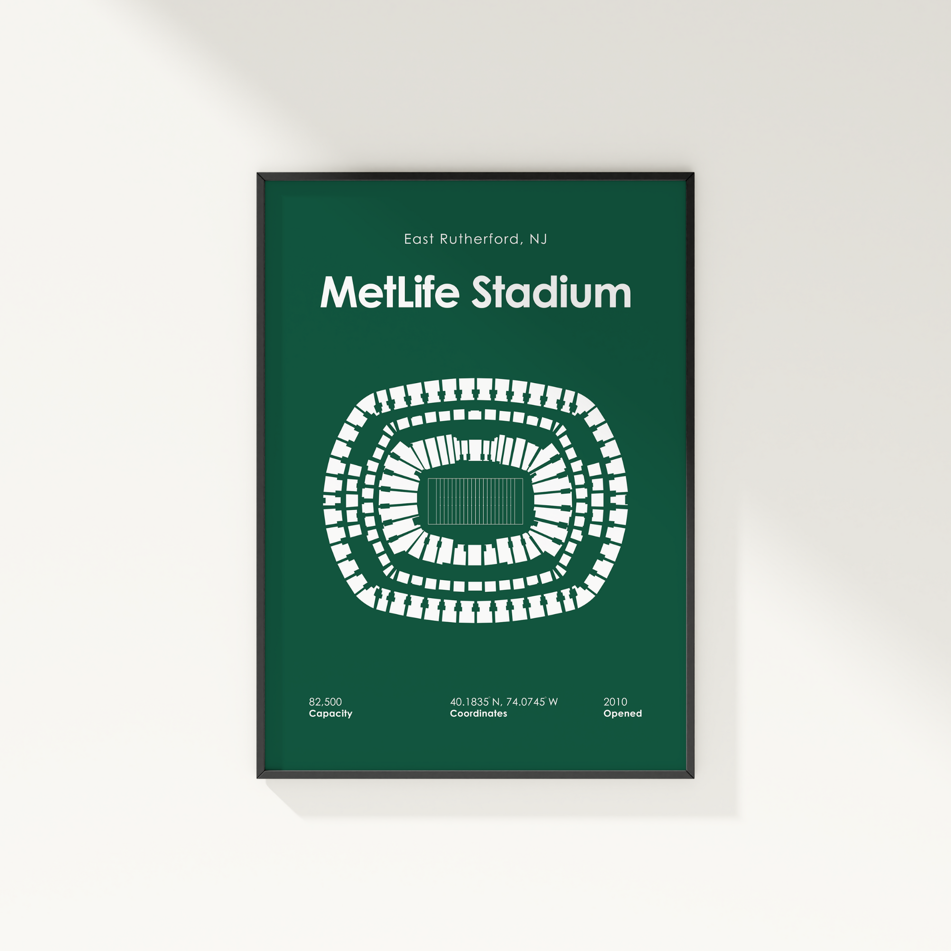Framed poster of MetLife Stadium layout with green background and white text