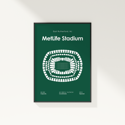 Framed poster of MetLife Stadium layout with green background and white text