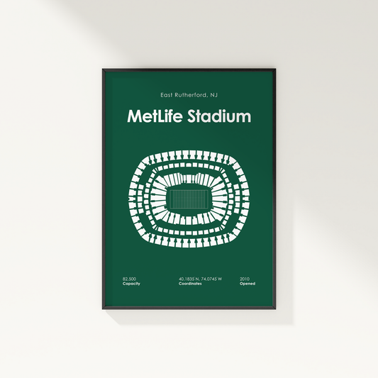 Framed poster of MetLife Stadium layout with green background and white text