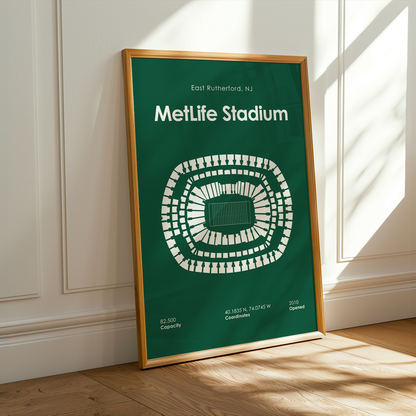 Framed poster of MetLife Stadium on a wall with sunlight casting shadows.