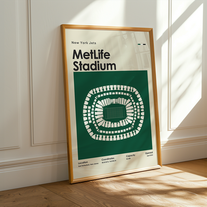 Framed poster of MetLife Stadium layout on a wooden floor with sunlight streaming through a window.