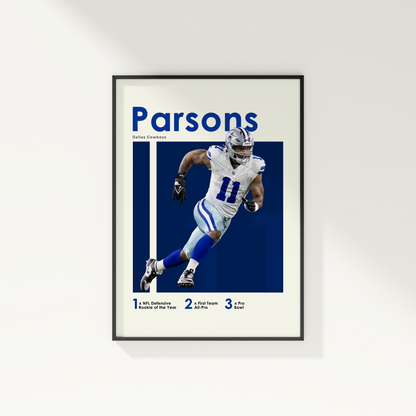 framed poster mockup of football player micah parsons hanging on a white wall