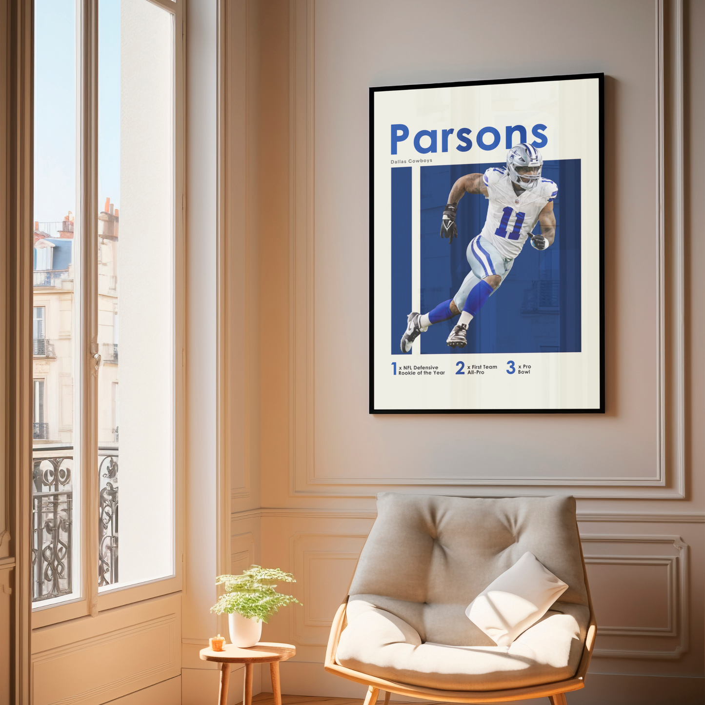 framed poster mockup of football player micah parsons hanging in a living room