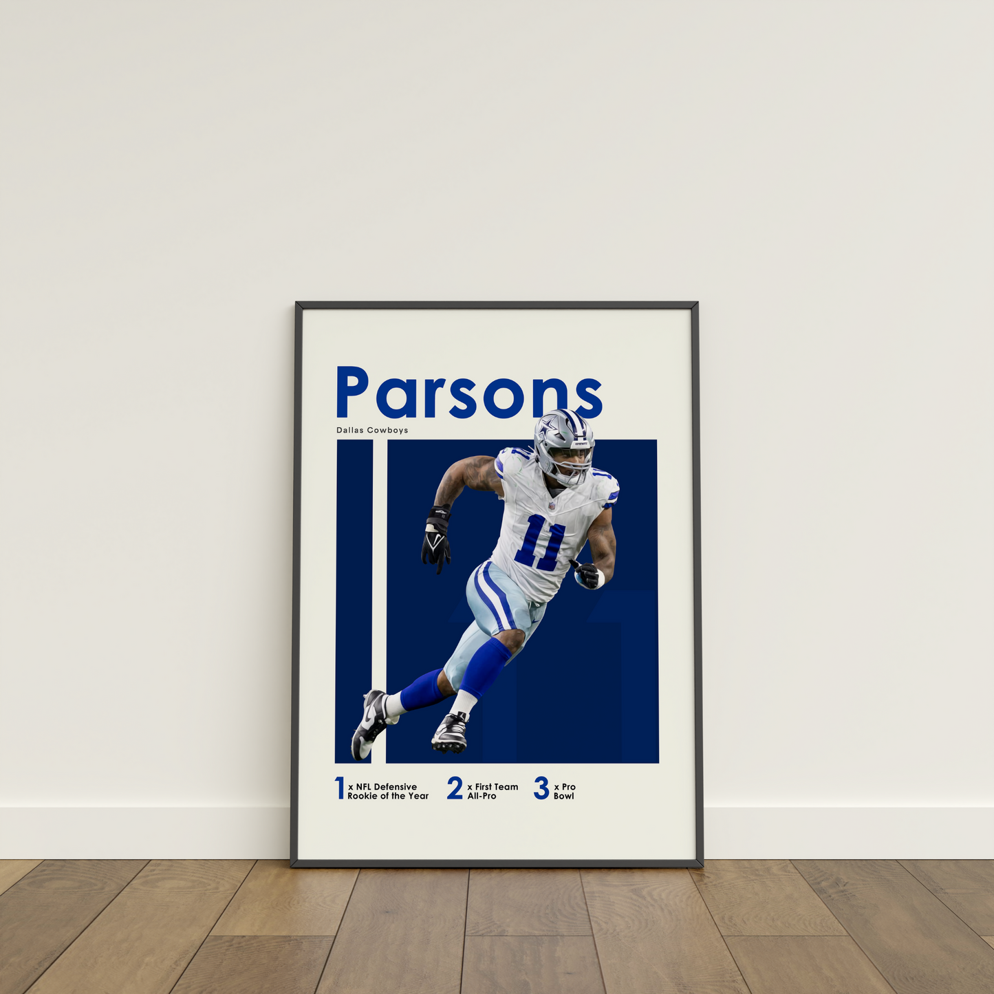 framed poster mockup of football player micah parsons leaning on a white wall