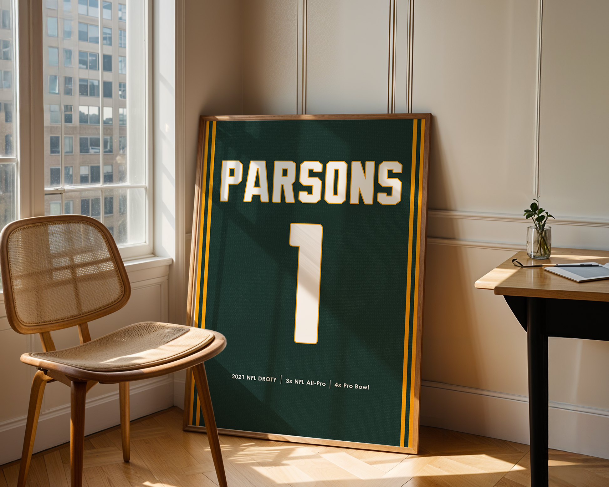 Framed sports jersey with 'Parsons' and number '1' in a room with a window and chair.
