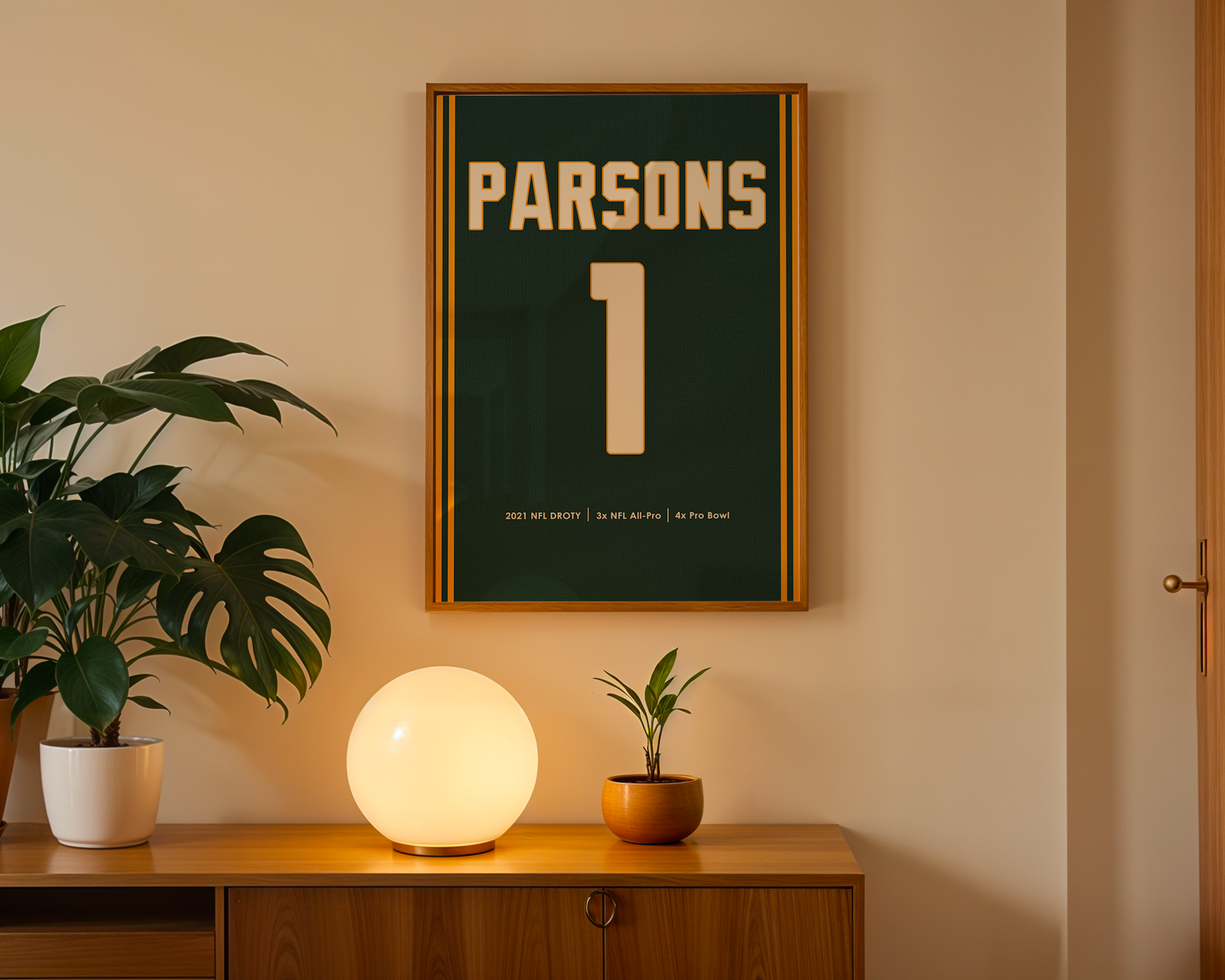 Framed poster with 'PARSONS 1' on a wall above a wooden cabinet with decorative items.