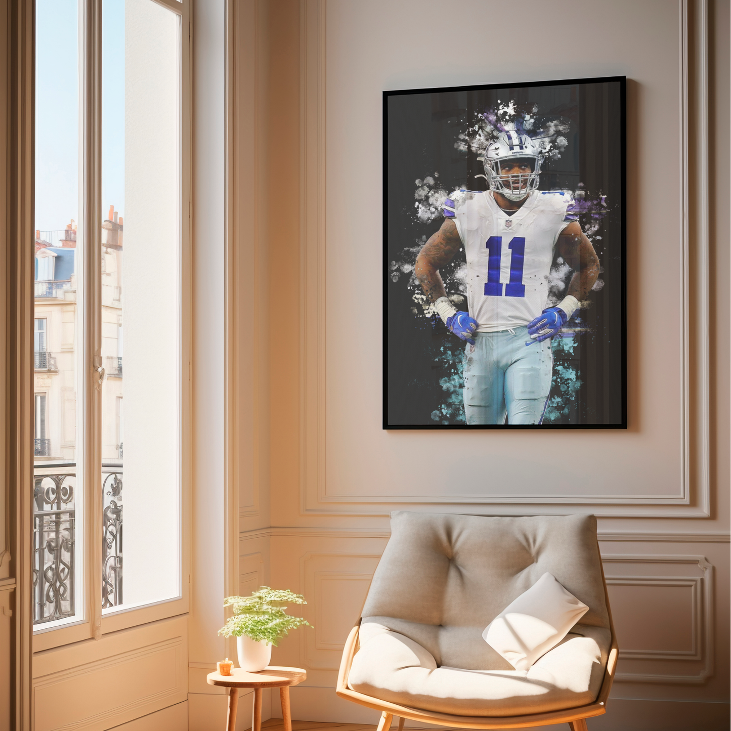 framed poster mockup of football player micah parsons hanging in a living room