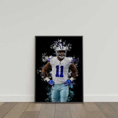 framed poster mockup of football player micah parsons leaning on a white wall