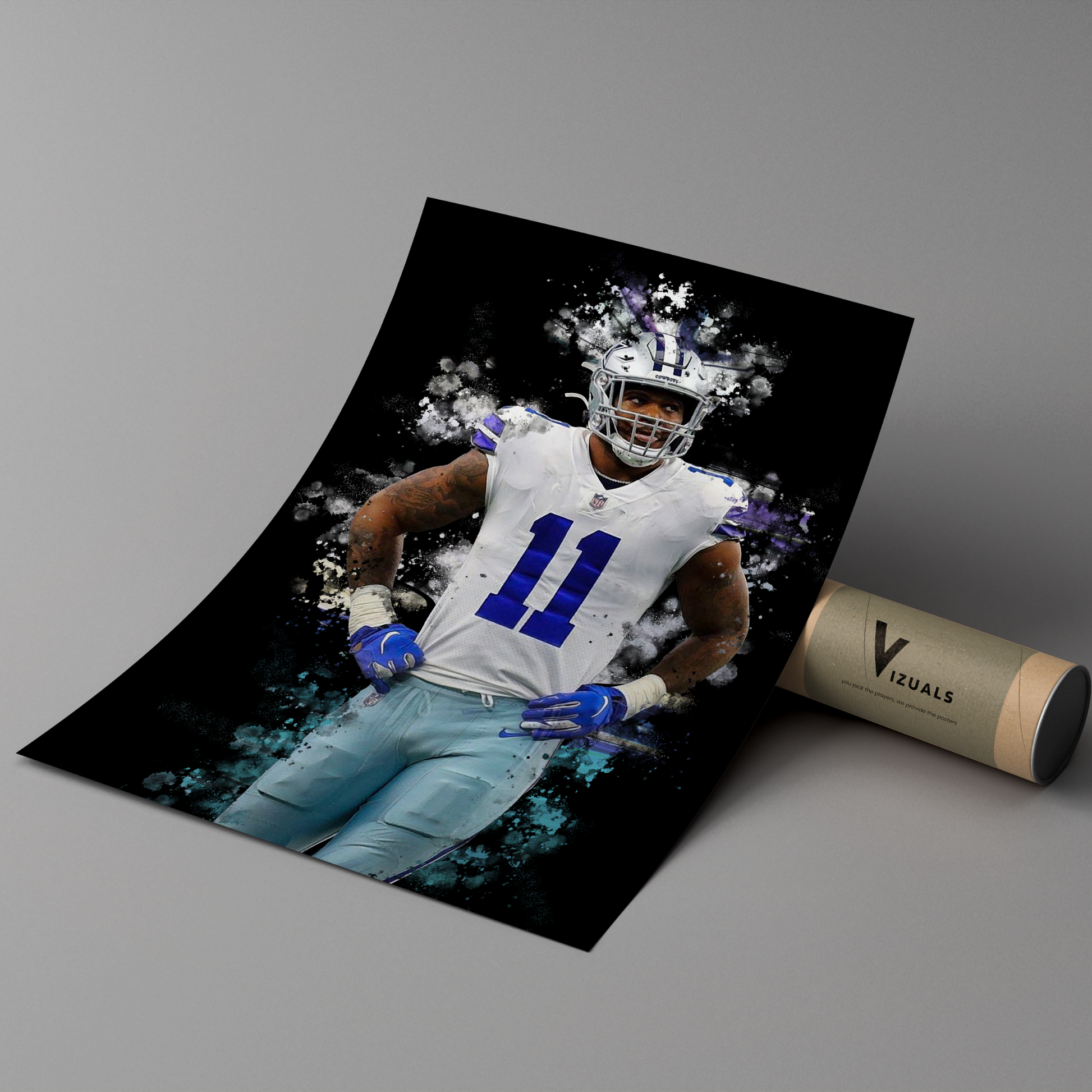 poster mockup of football player micah parsons leaning on a cardboard tube