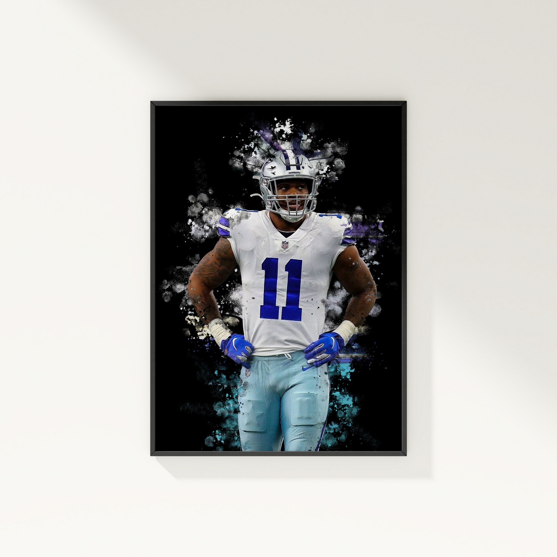 framed poster mockup of football player micah parsons hanging on a white wall