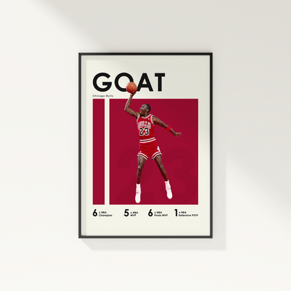 framed poster mockup of basketball player michael jordan hanging on a white wall